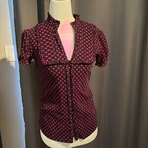 Inc stretchy blouse. Purple/magenta and black. Petite s. Mini ruffles.